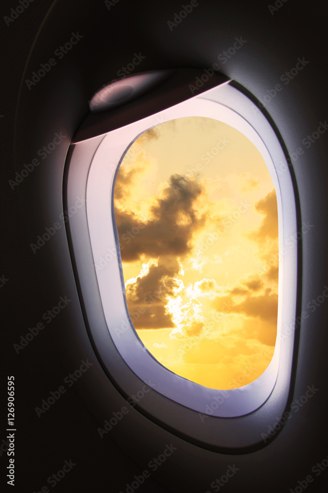 Plane window and view from plane to someplace, plane window with view of people in journey to someplace, plane view and plane window background from the sky, travel business with plane of travel trip.