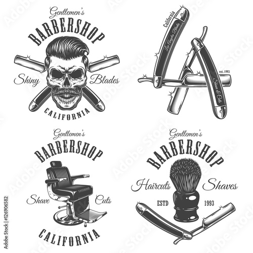 Set of vintage barbershop emblems, labels, badges, logos. Layered. Text is on separate layer. Isolated on white