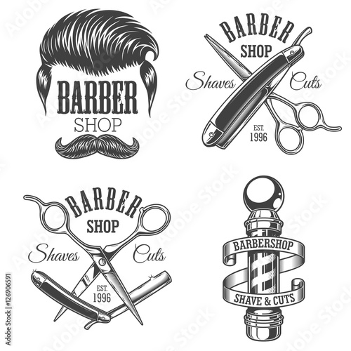 Set of vintage barbershop emblems, labels, badges, logos. Layered. Text is on separate layer. Isolated on white