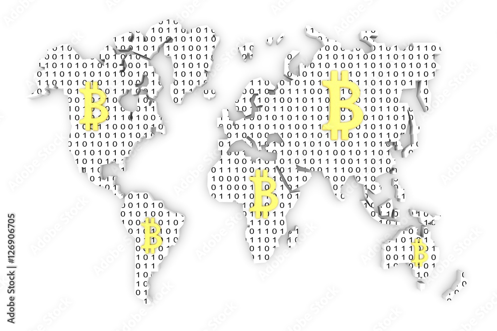Fototapeta premium BITCOIN world map in the form of binary code, 3D illustration