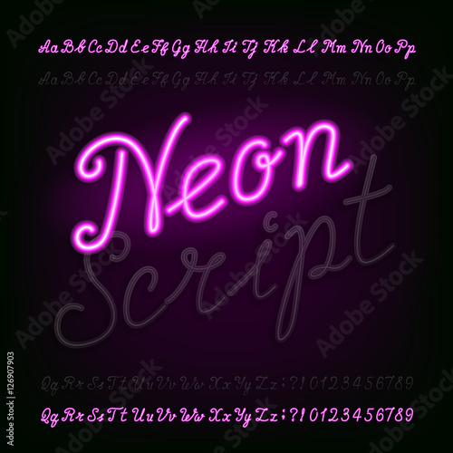 Neon script hand drawn alphabet font. Light turn on and off. Purple neon type letters and numbers on a dark background. Vector typeface for labels, titles, posters etc.