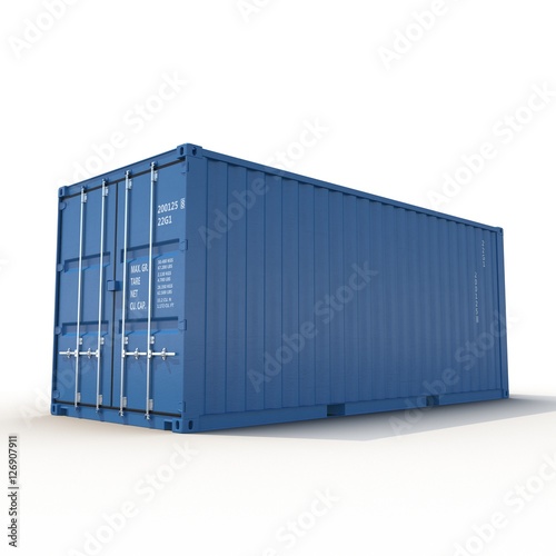 Blue freight shipping container isolated on white. 3D illustration photo