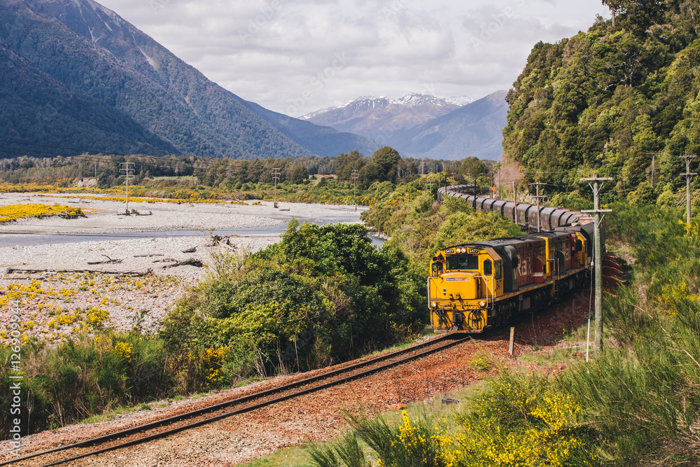 Obraz premium A kiwi train crossing Otira near Otira Highway, New Zealand