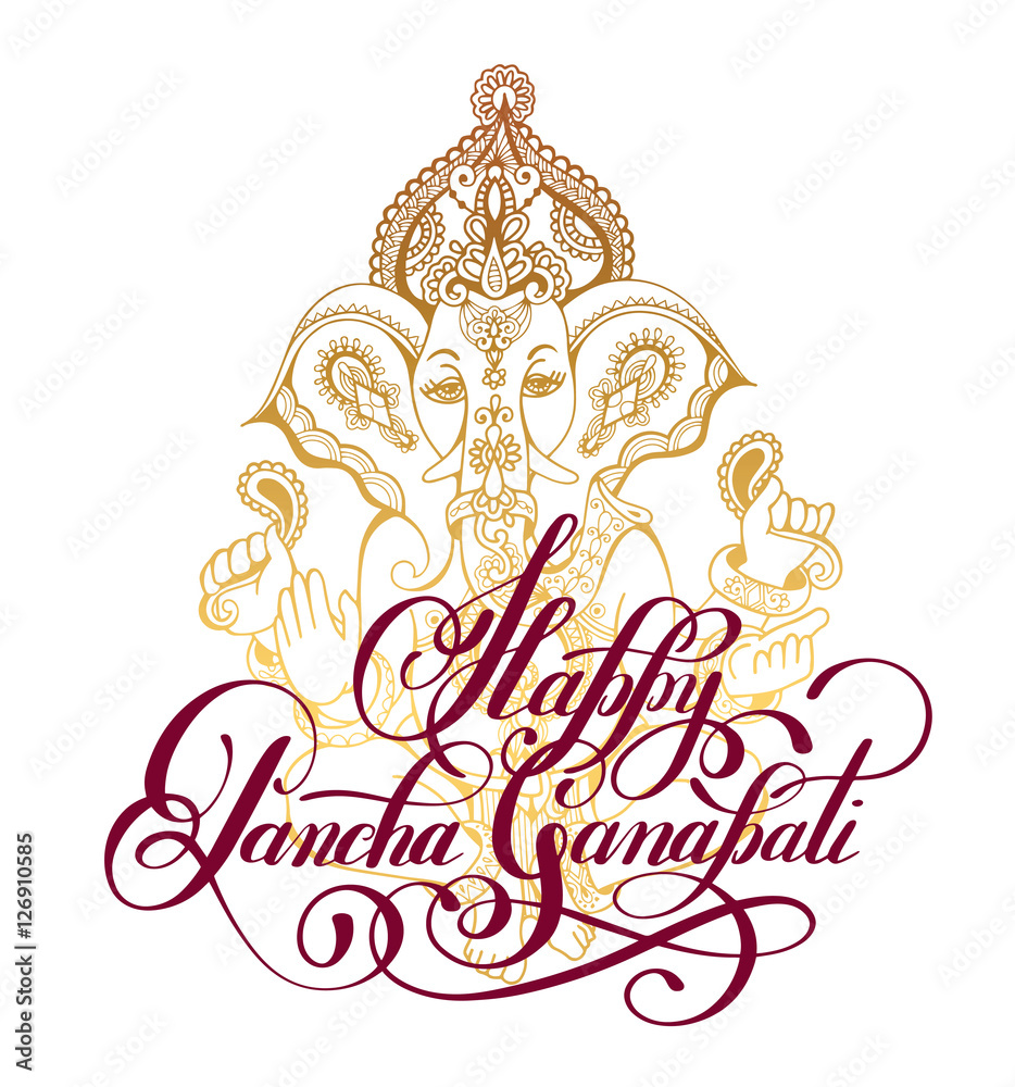 Happy Pancha Ganapati handwritten inscription with gold ganesha ...