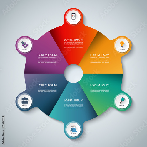 Vector infographic elements. Circle business template with 6 options, parts, steps or segments. Can be used for diagram, graph, presentation, chart, report, data visualization, web design