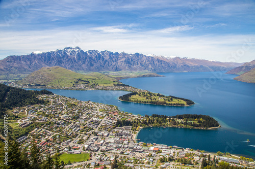 Aerial view of Queenstown and The Remarkables in South Island, N