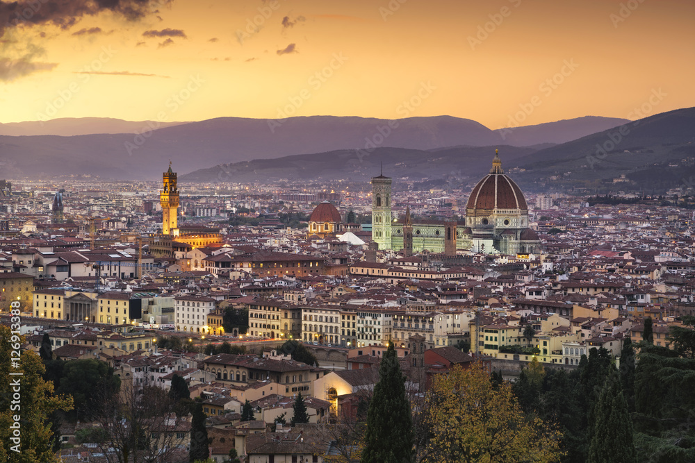Florence or Firenze sunset aerial cityscape.Tuscany, Italy