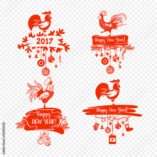 Illustration for happy new year 2017 red rooster. Silhouette cock. Vector element of design logo, logotype, card, poster, clothing, postcard, calendar and invitation with rooster 2017.