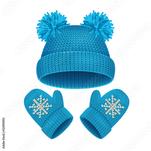 Hat and Mitten Set Winter Accessories. Vector