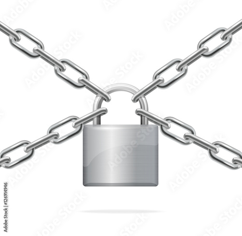 Gray Padlock and Metal Chain. Vector