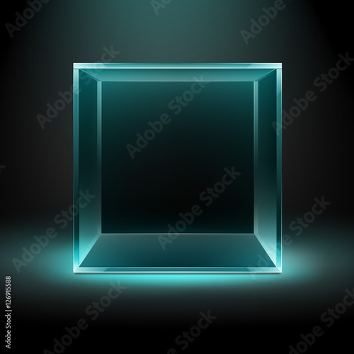 Vector Empty Transparent Glass Box Cube on Dark Black Background with Blue Turquoise Backlight