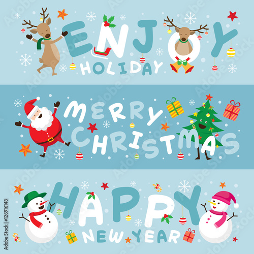 Christmas Banner  Santa Claus and Friends with Lettering  Snowman  Snowgirl  Reindeer  Pine Tree. Happy New Year