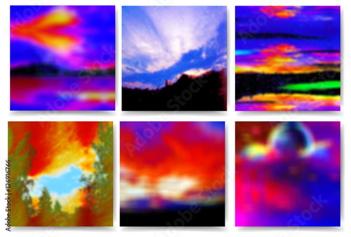 Set of polygonal landscapes with sky, trees, moon and clouds. Dramatic red and blue day and night sky with sunset and stylized landscapes of polygons