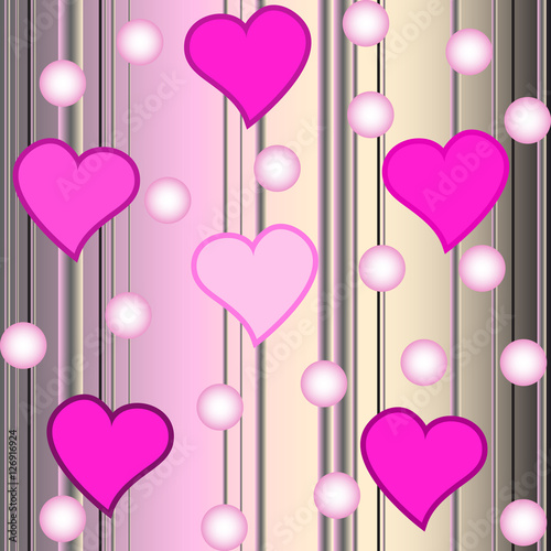 seamless pattern with pink hearts and circles on stripes backgro