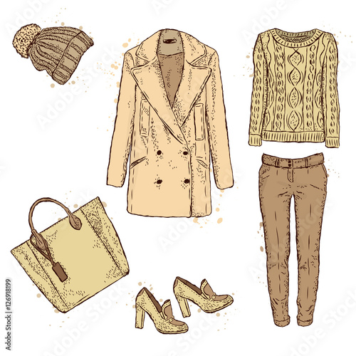A set of fashionable women's clothing. Coats, shoes, bags, pants and hat. Wool sweater. Vector illustration. Fashion sketch. Selection of clothes for autumn-spring.