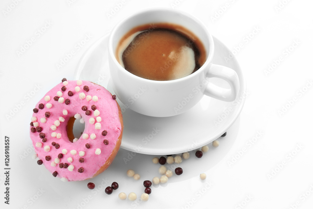 Delicious donut with cup of coffee isolated on white Delicious donut with cup of coffee isolated on white