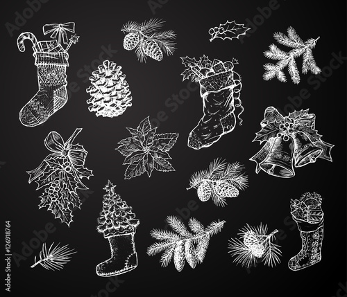 Christmas ornaments, decorations chalk sketch isolated icons