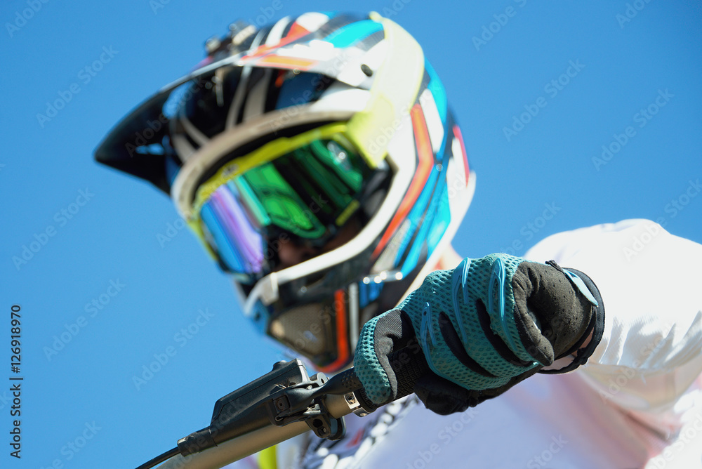 Fototapeta premium Rider mountain bike downhill detail hand when braking