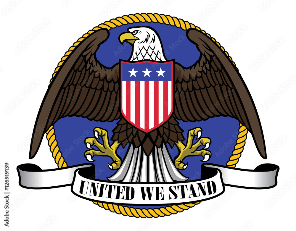 Fototapeta premium american eagle wearing flag shield and ribbon sign below