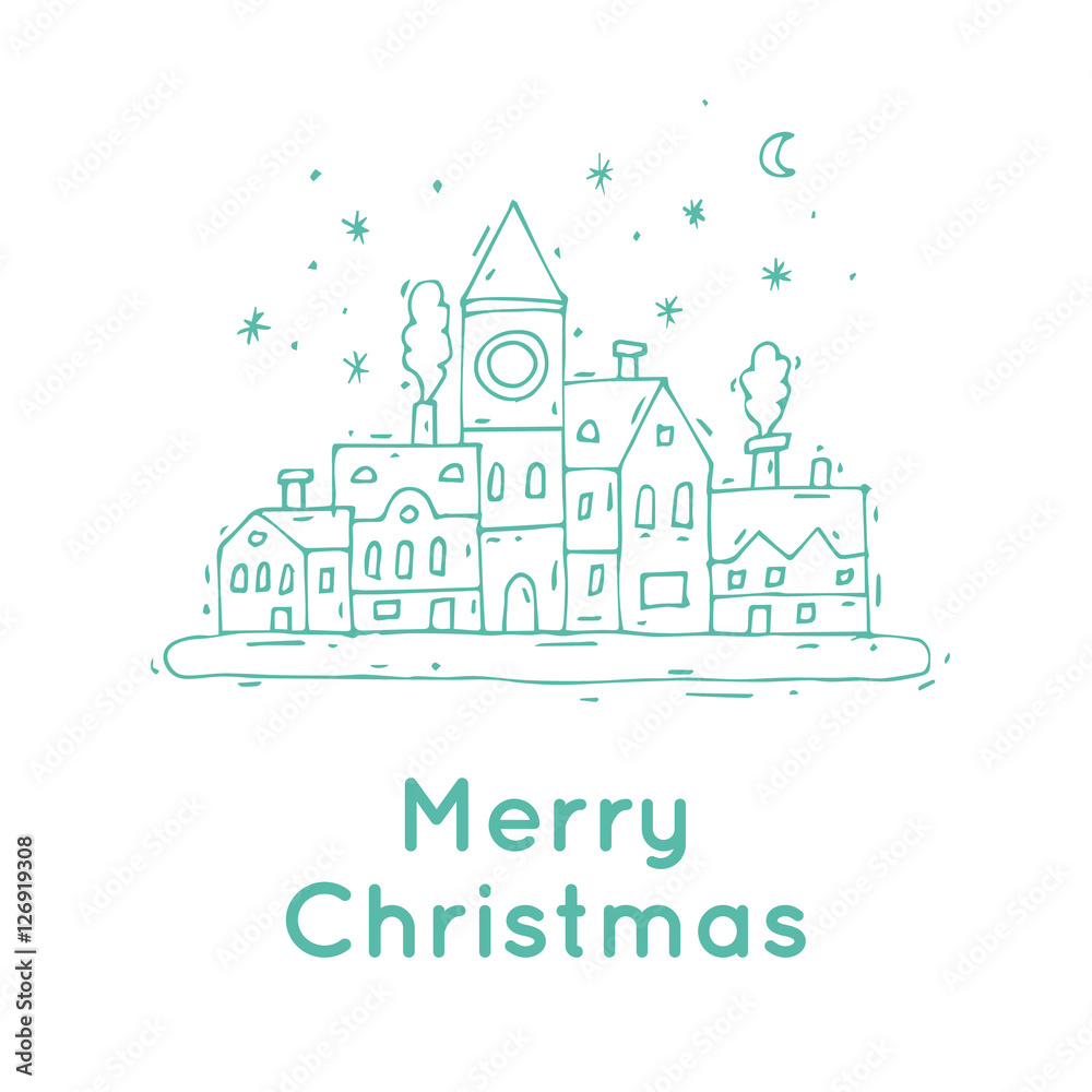 Happy New Year and Merry Christmas. Winter landscape of the old town, snow. Hand-drawn, lino-cut. Thin line. Greeting card. Flat design vector illustration.