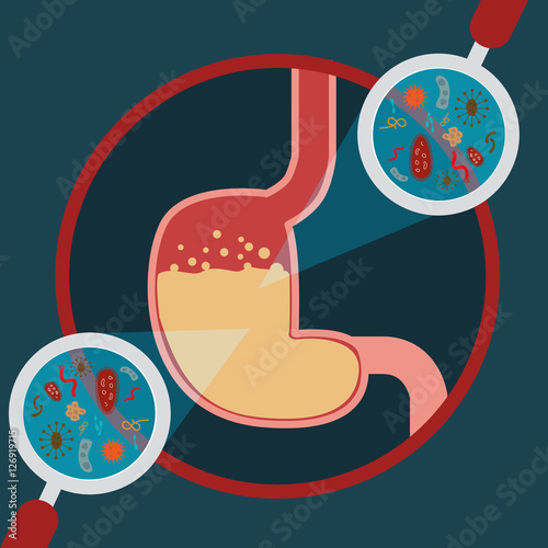 Stomach virus icon concept. Magnifying glass with bacteria on stomach. Vector illustration in flat style
