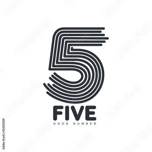Black and white number five logo template formed by repeating lines, vector illustration isolated on white background. Black and white number five graphic logotype