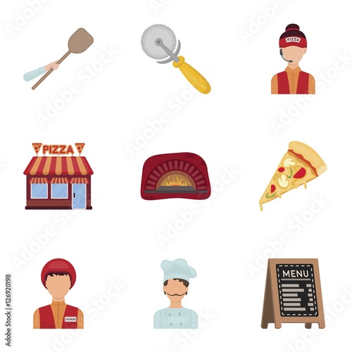 Pizza and pizzeria set icons in cartoon style. Big collection of pizza and pizzeria vector symbol stock illustration
