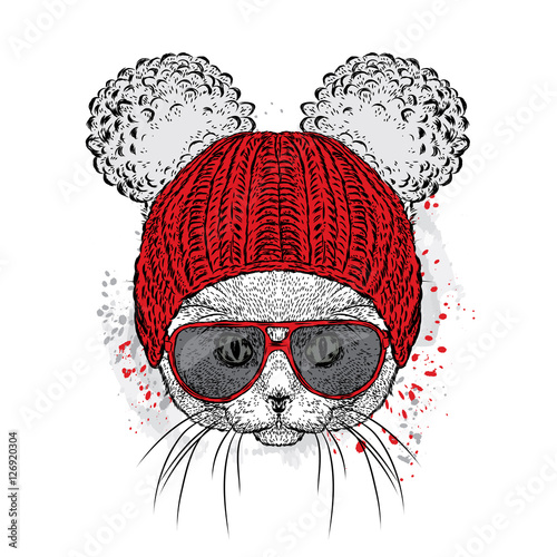 Cute cat in a glasses and hat. for a card or poster. Vector . Cat.