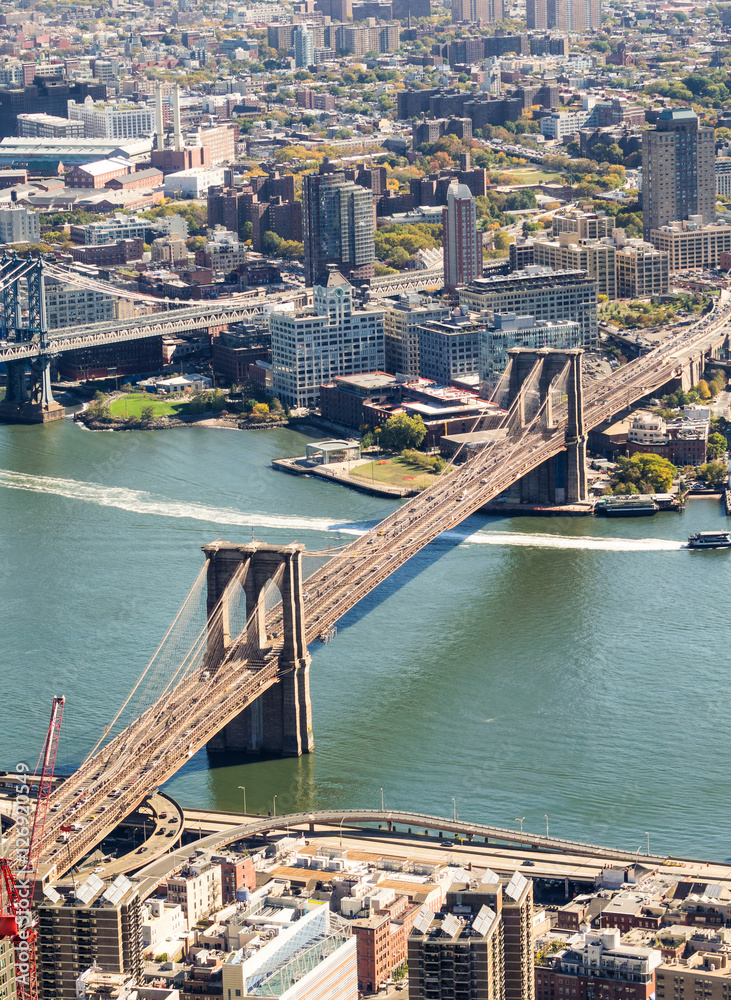 Brooklyn Bridge, aerial view of city skyline