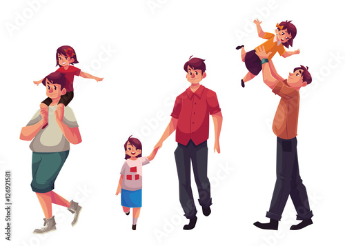 Father and daughter, set of cartoon vector illustrations isolated on white background. Dad carrying little daughter on shoulders, throwing her into air and walking together holding hands, happy family