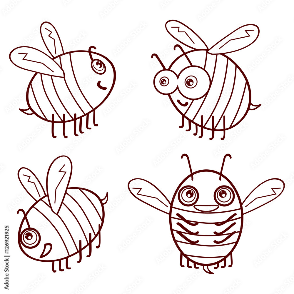 Naklejka premium Set cartoon outline cute bees isolated on white background vector