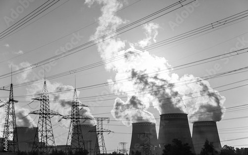 High current power lines on the background of boiler tubes photo