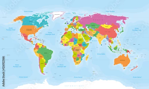 Obraz Mapa świata Planisphere. Teksty w języku francuskim wektoryzowane