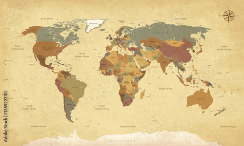Textured vintage world map - English/US Labels - Vector CMYK