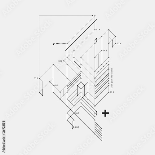 Abstract design element in draft style on white background. Useful for techno prints and posters.