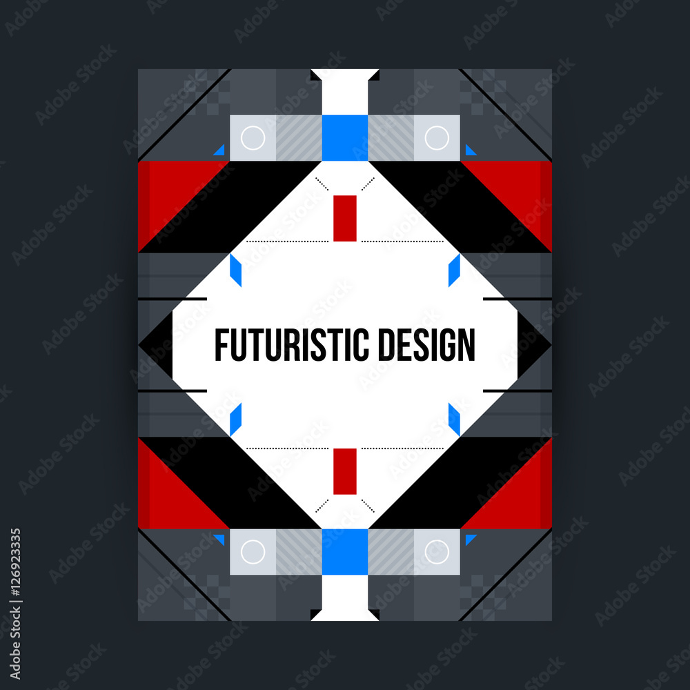 Poster template with futuristic geometric elements. Style of constructivism and modern art. Bright colors, simple shapes.