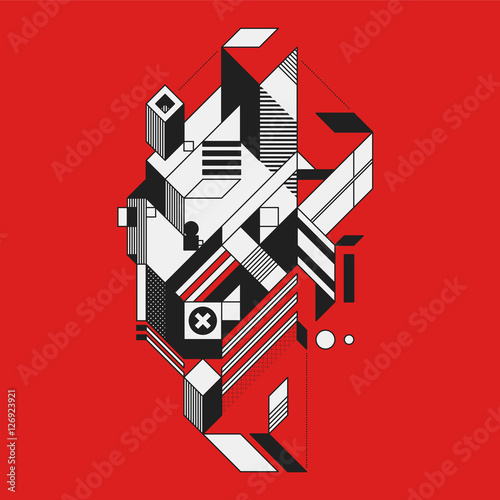 Abstract geometric element on red background. Style of futurism and constructivism. Useful as prints or posters.