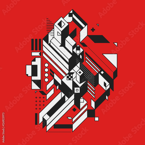 Abstract geometric element on red background. Style of futurism and constructivism. Useful as prints or posters. photo