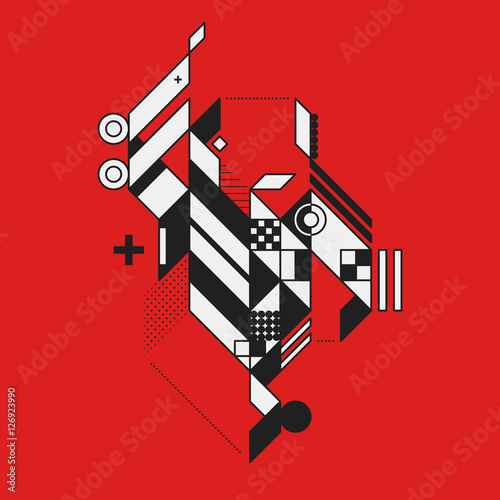 Abstract geometric element on red background. Style of futurism and constructivism. Useful as prints or posters.