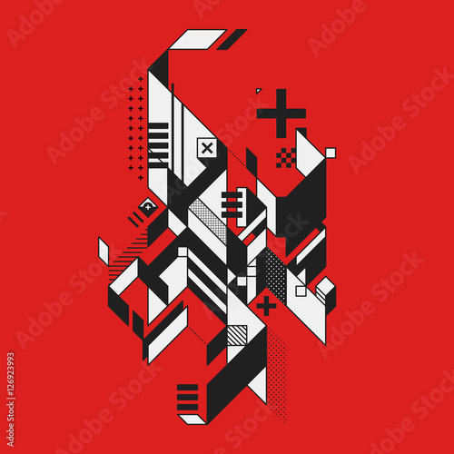 Abstract geometric element on red background. Style of futurism and constructivism. Useful as prints or posters.