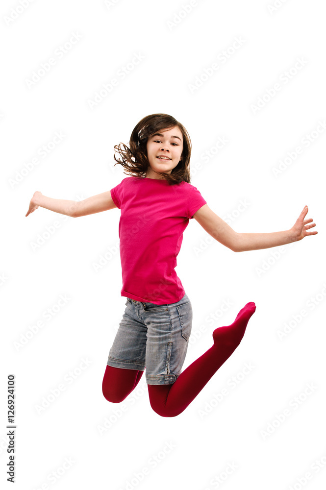 Girl jumping isolated on white background 
