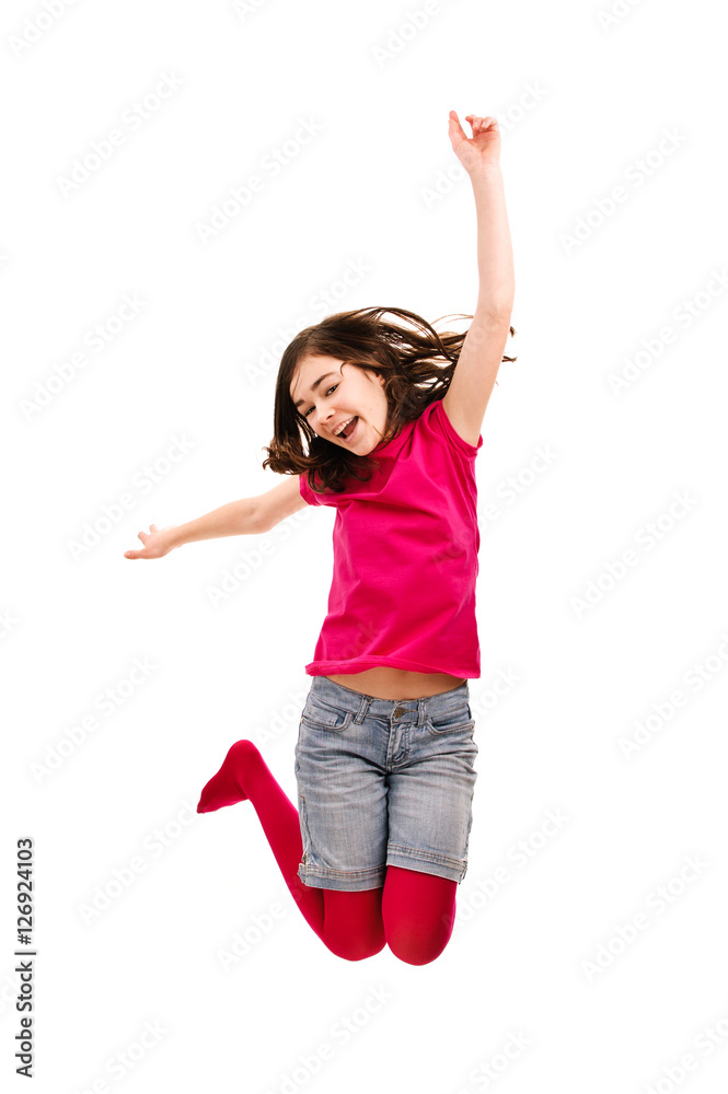 Girl jumping isolated on white background 