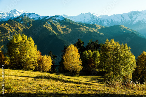 Fototapeta Naklejka Na Ścianę i Meble -  Beautiful autumn mountain landscape in Svaneti. Georgia. Toned