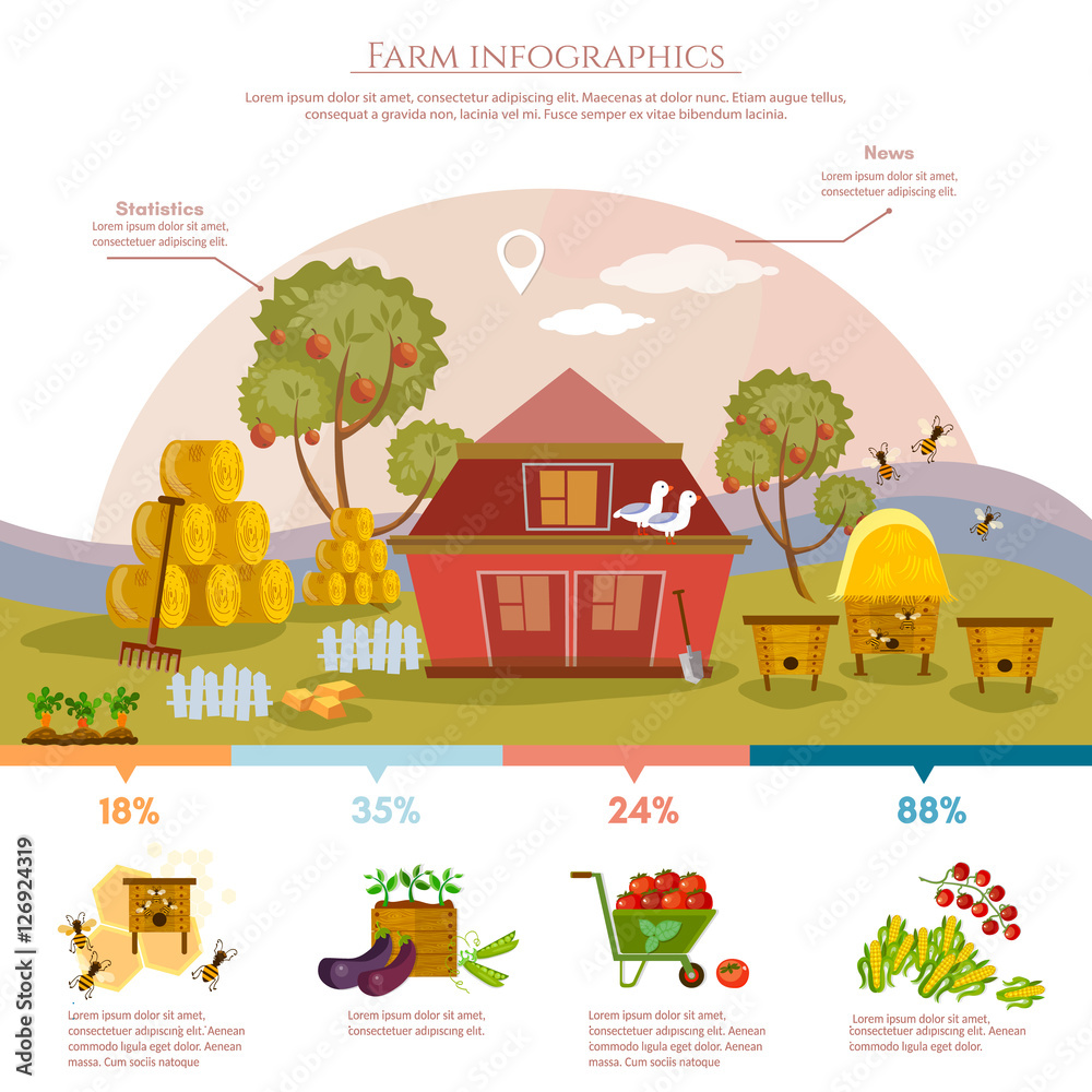 Farm infographics natural food agricultural objects flat vector