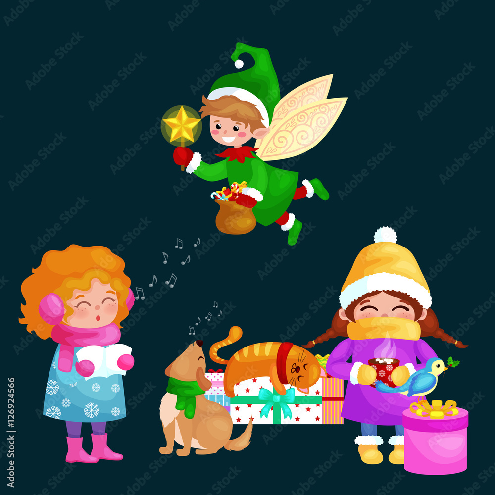 illustrations set Merry Christmas Happy new year, girl sing holiday songs with dog pets, cat and dog enjoy presents, elf flies using the wings magic wand star vector illustrations set Merry Christmas Happy new year, girl sing holiday songs with dog pets, cat and dog enjoy presents, elf flies using the wings magic wand star vector