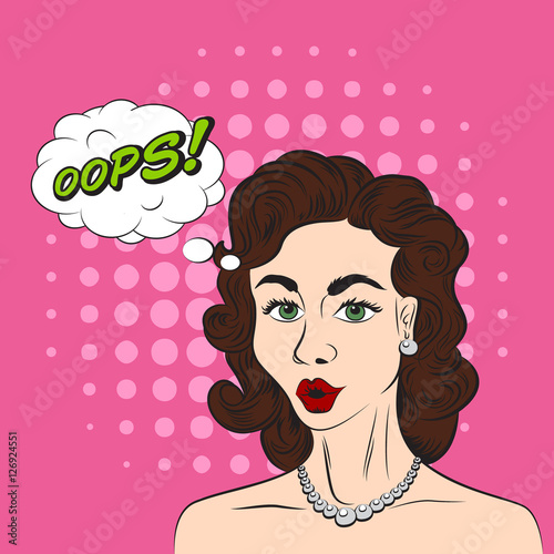 Pop art style sketch of beautiful brunette woman saying OOPS  on pink background