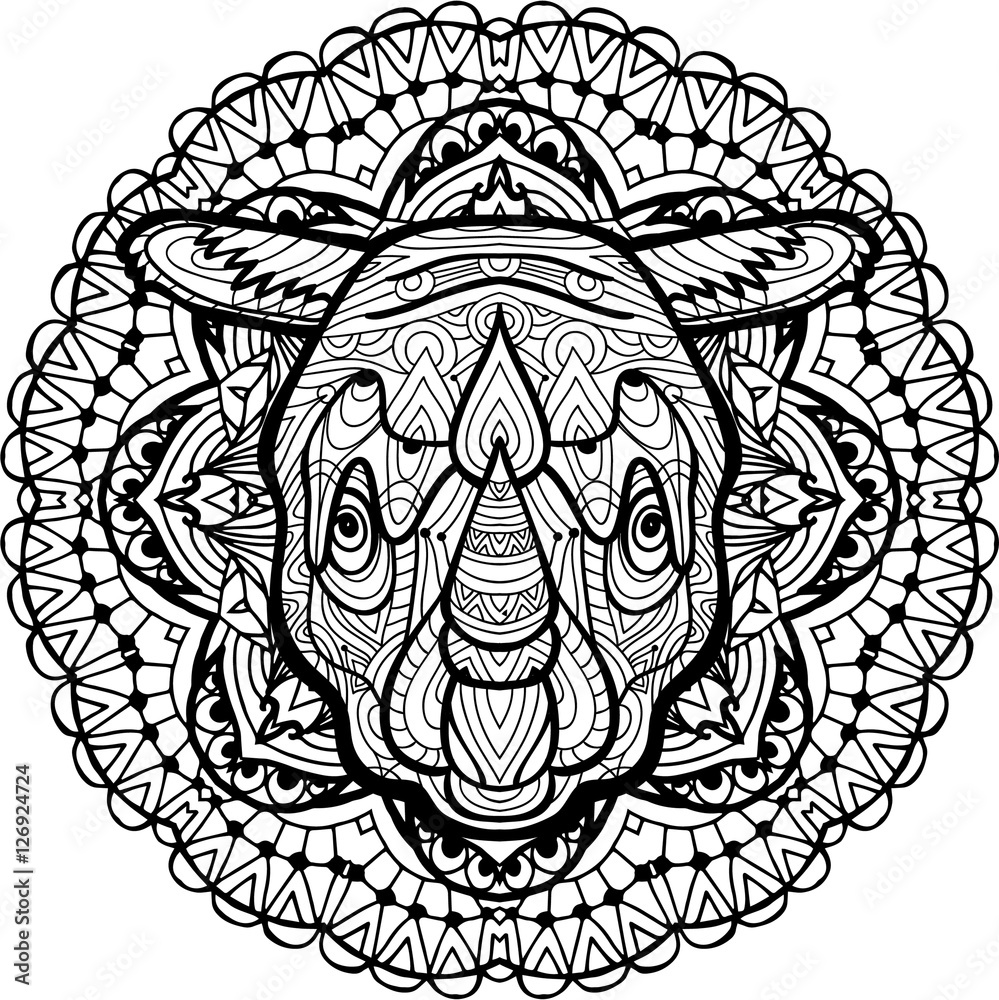 Hand-drawn head of a Rhino on the background circular tribal pattern. Coloring Hand-drawn head of a Rhino on the background circular tribal pattern. Coloring