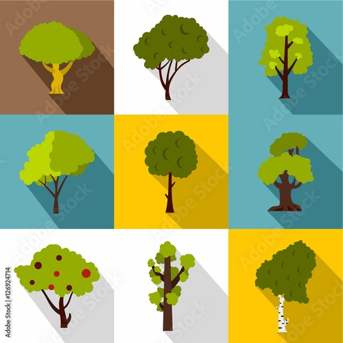 Trees icons set. Flat illustration of 9 trees vector icons for web