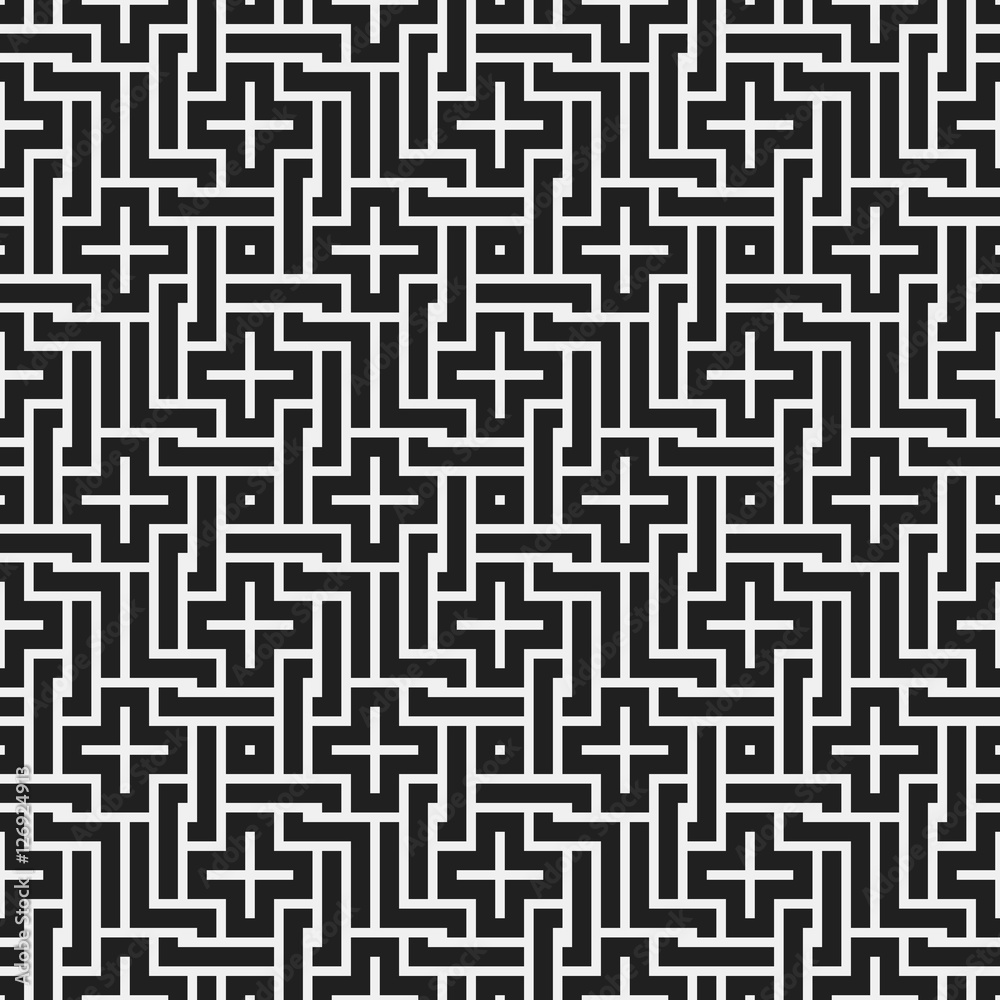 Monochrome seamless pattern with geometric elements. Useful for web background, textile, wrapping.