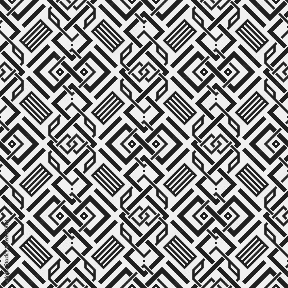 Monochrome seamless pattern with geometric elements. Useful for web background, textile, wrapping.